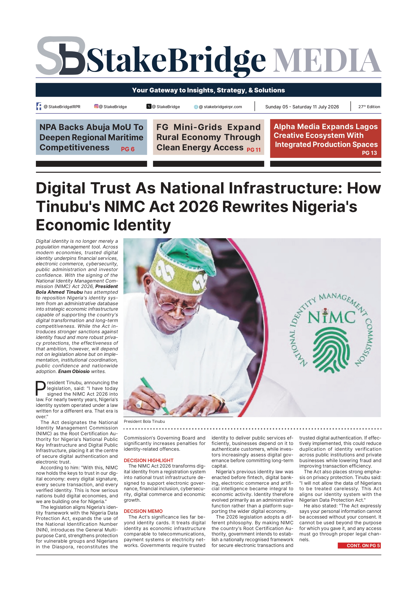 Cover of StakeBridge Media Edition 027 featuring analysis of Nigeria's economic reforms, digital identity legislation, investment outlook, fiscal policy, renewable energy and business intelligence for July 2026.