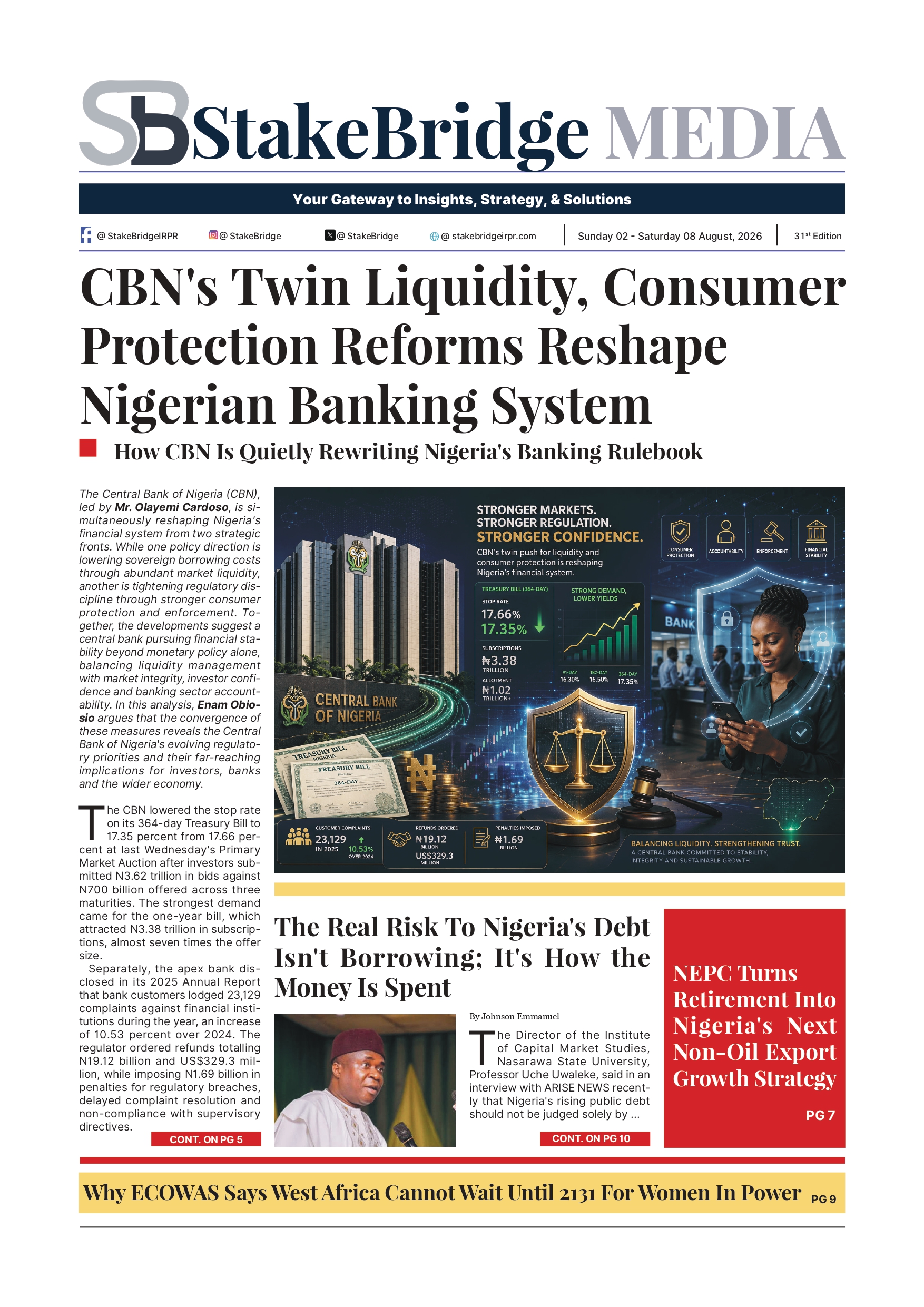 •StakeBridge Media Edition 31 cover featuring analysis of CBN banking reforms and Nigeria's economy.