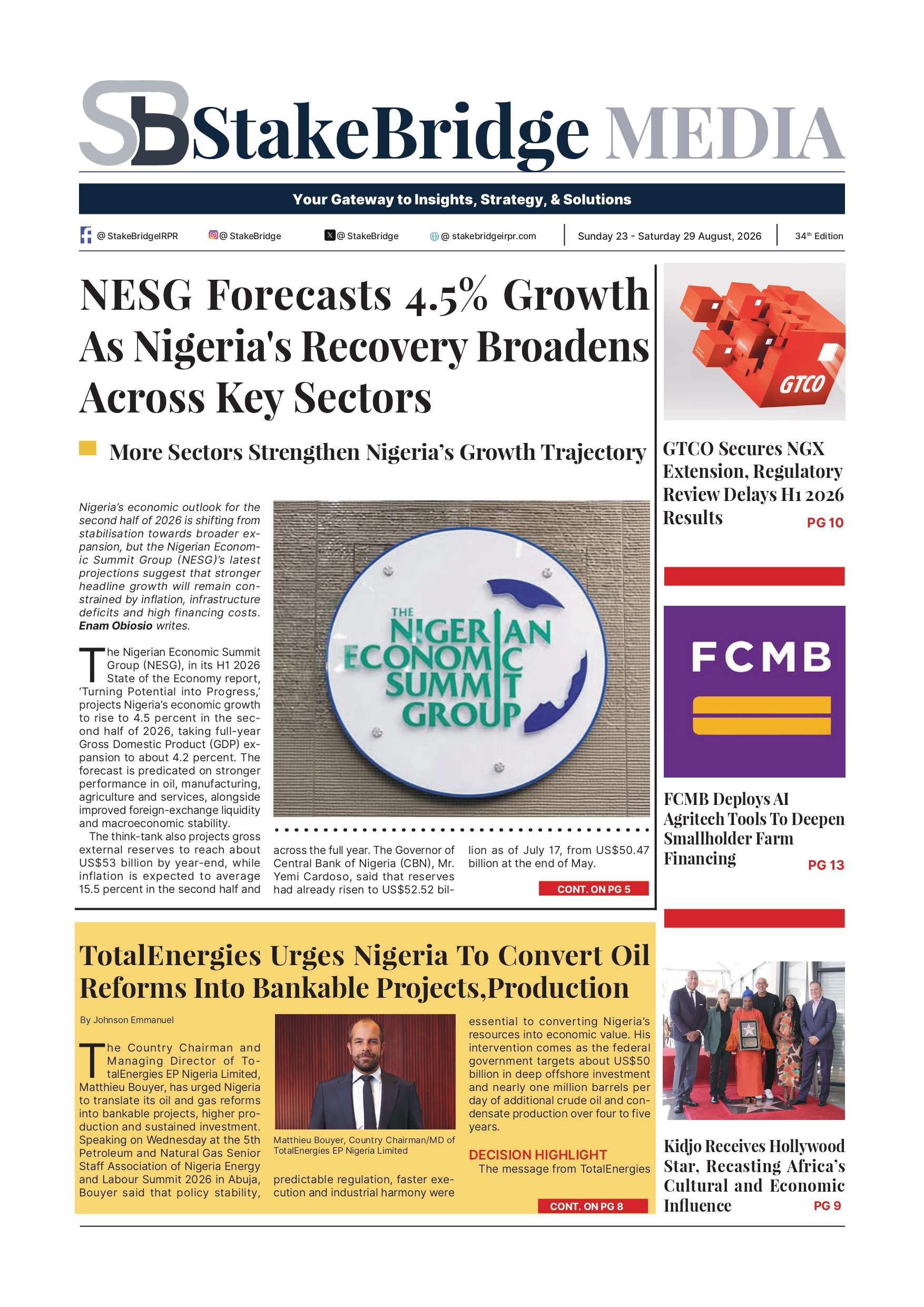 StakeBridge Media 34th Edition covering Nigeria’s economic recovery, investment and reforms