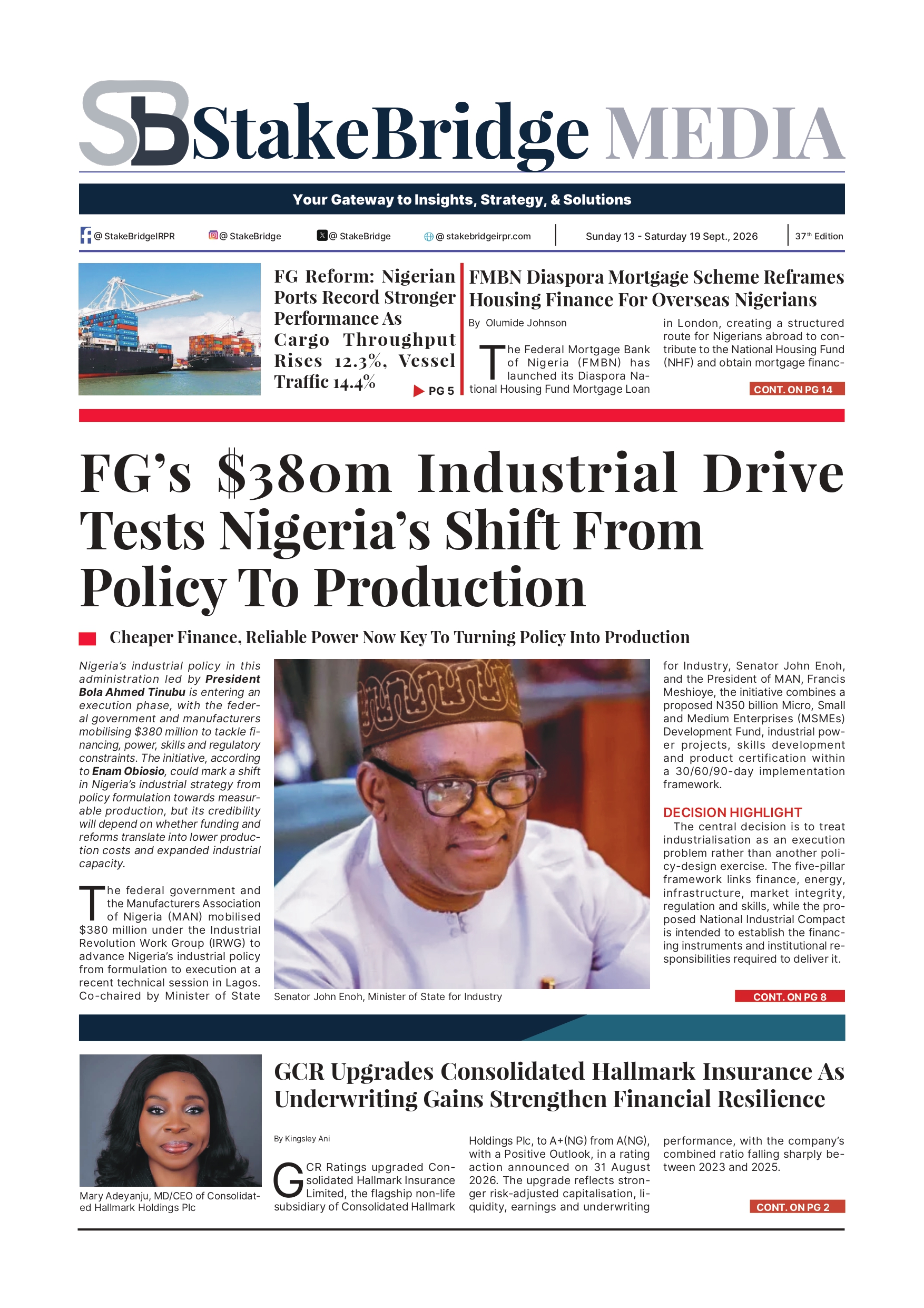 StakeBridge Media Edition 037 covering Nigeria's industrial policy, markets, infrastructure and investment developments