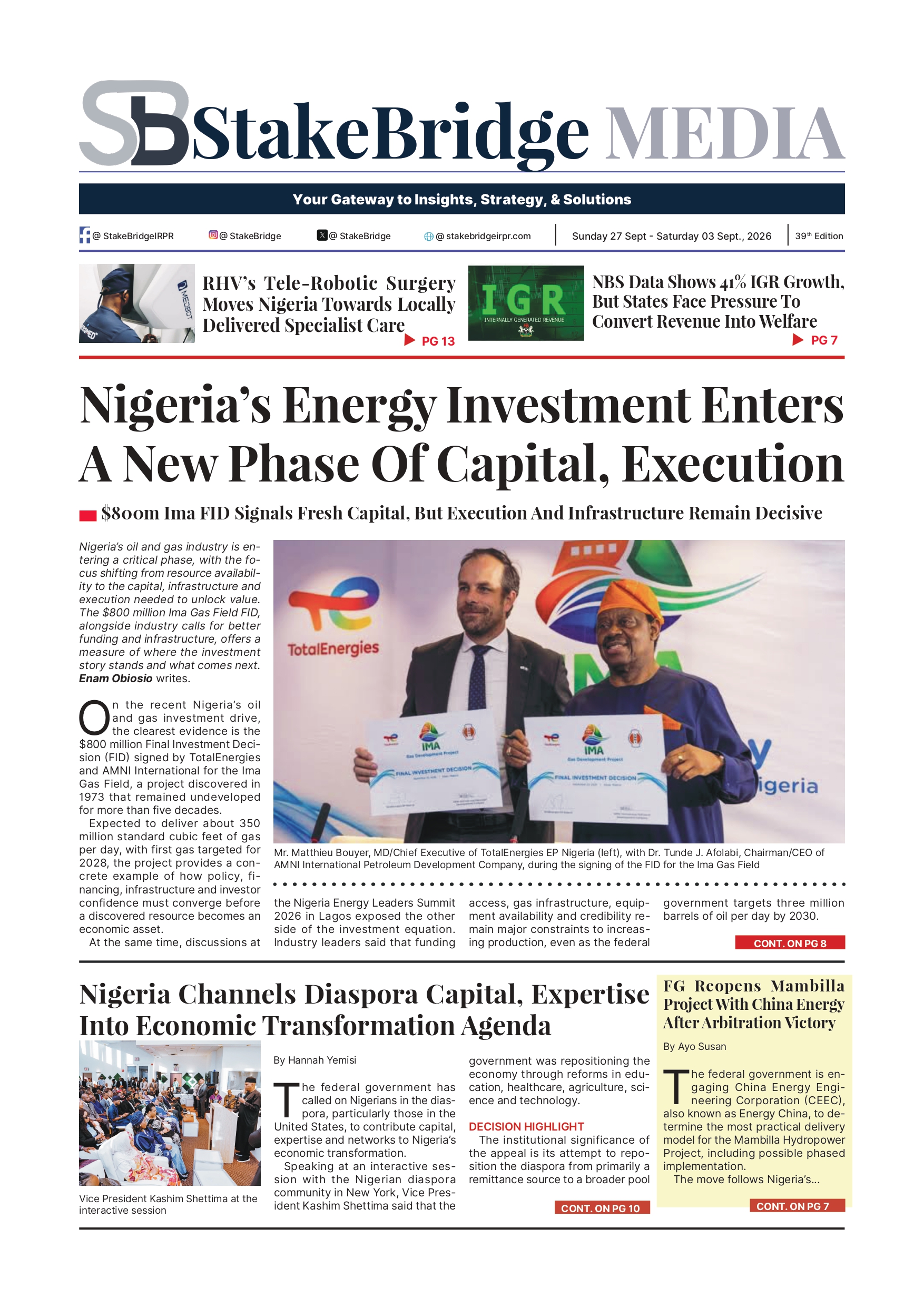 StakeBridge Media Edition 039 covering Nigeria’s energy investment, business and economic developments