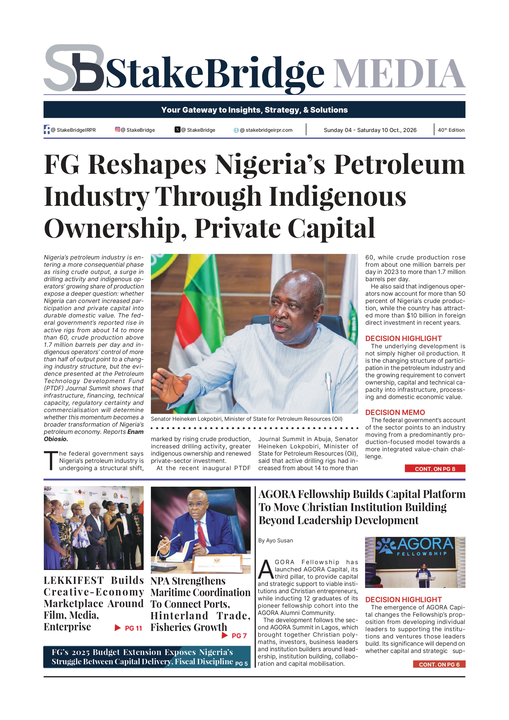 StakeBridge Media Edition 40 cover featuring Nigeria petroleum industry and investment analysis