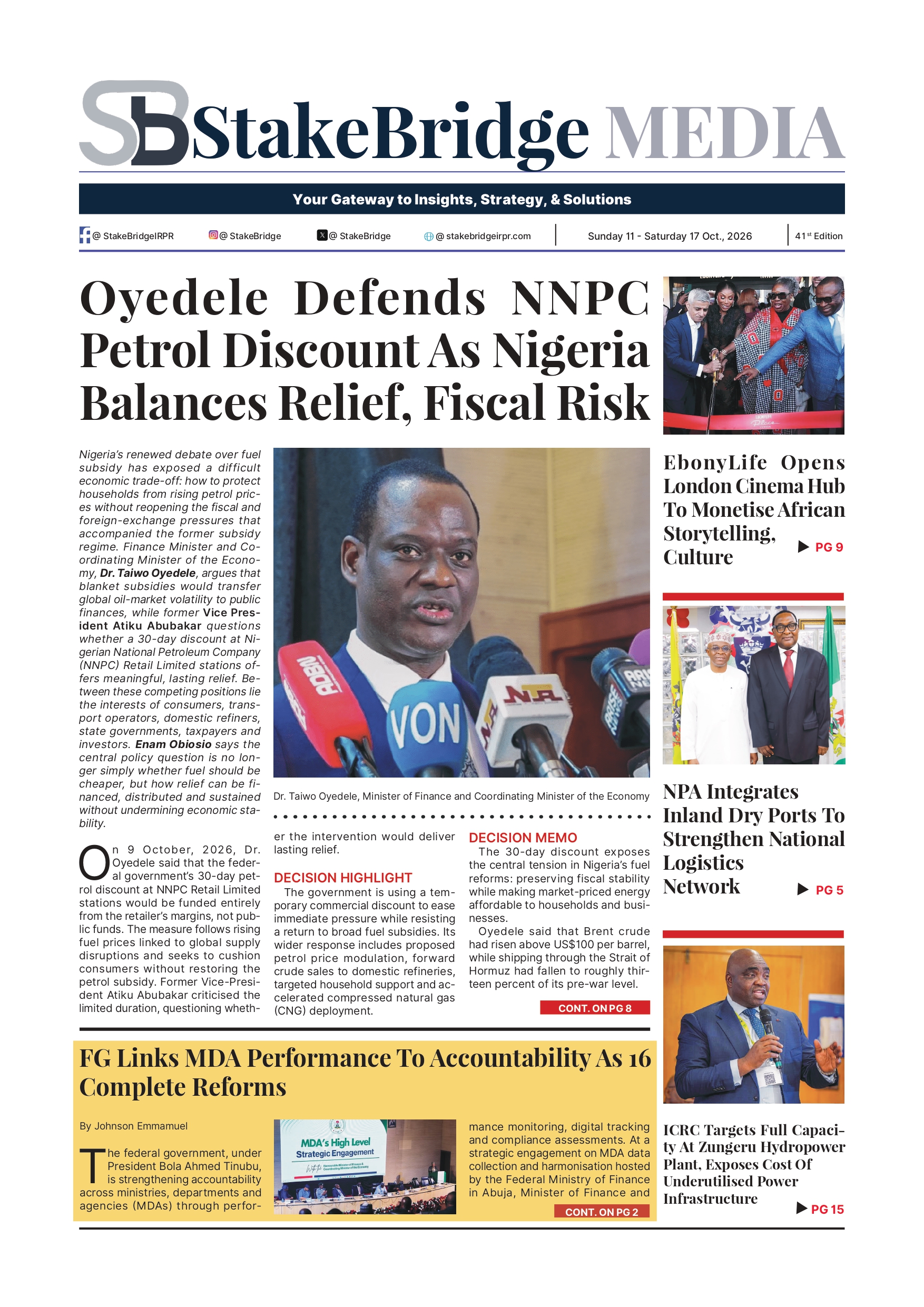 Cover of StakeBridge Media Edition 041 featuring Nigeria’s fuel-price debate, economic policy and investment news.