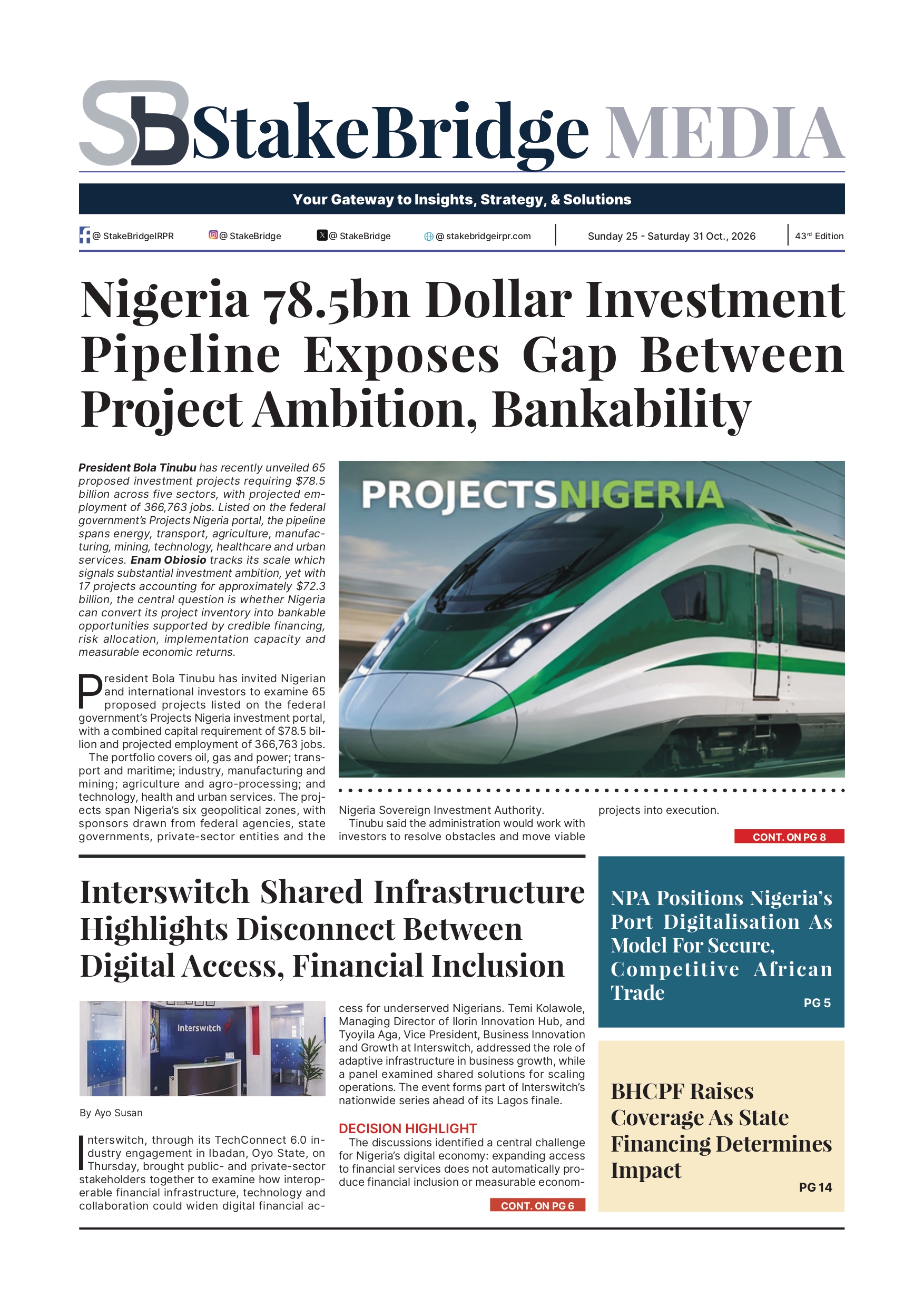StakeBridge Media Edition 043 examining Nigeria’s $78.5bn investment pipeline and the challenge of financing projects for measurable economic growth.